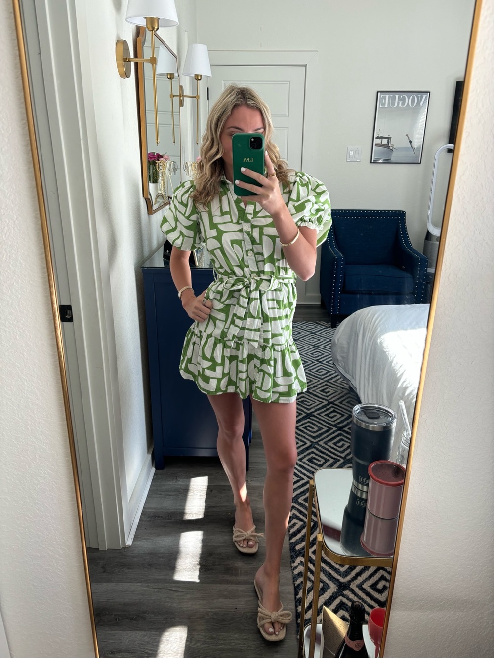 Green and White Printed Short Dress - Women's Summer Dress